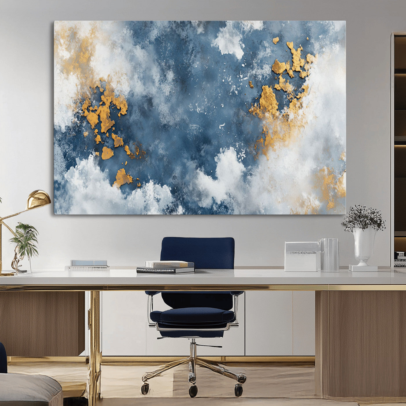 39575-MGV-CV-36X24-Blue and Gold Abstract Wall Art – Modern Canvas Print Featuring Cloudy Textures with Metallic Accents, Contemporary Artwork for