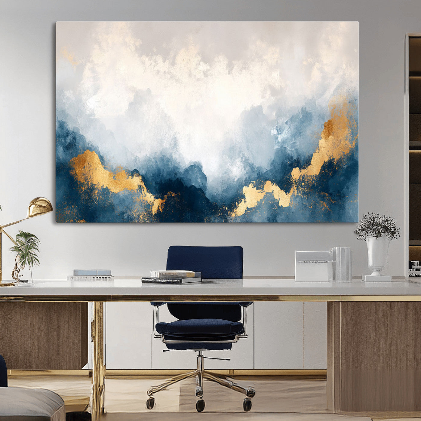 14578-MGV-CV-36X24-Abstract Wall Art – Modern Canvas Print Featuring Blue and White Clouds with Golden Accents, Contemporary Elegant Artwork for