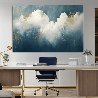 75131-MGV-CV-36X24-Abstract Cloud Wall Art – Modern Canvas Print Featuring Blue and White Clouds with Golden Accents, Contemporary Artwork for Living