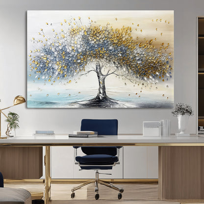 24771-MGV-CV-36X24-Silver Tree Wall Art Canvas Print, Framed Golden Leaves Art Picture Print, Metallic Tree Perfect Minimalist Luxury Decor Artwork