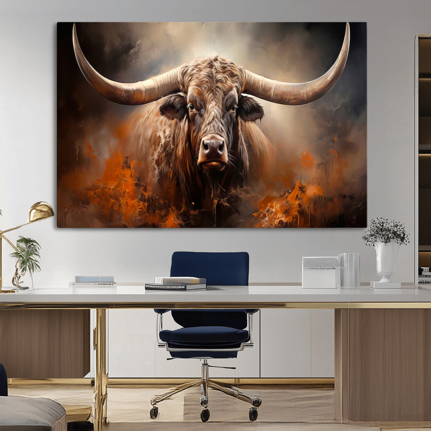 240479-MGV-CV-36X24-Longhorn Bull Wall Art – Dramatic Western Canvas Print Featuring Horned Bull with Fiery Background, Rustic Farmhouse Artwork for