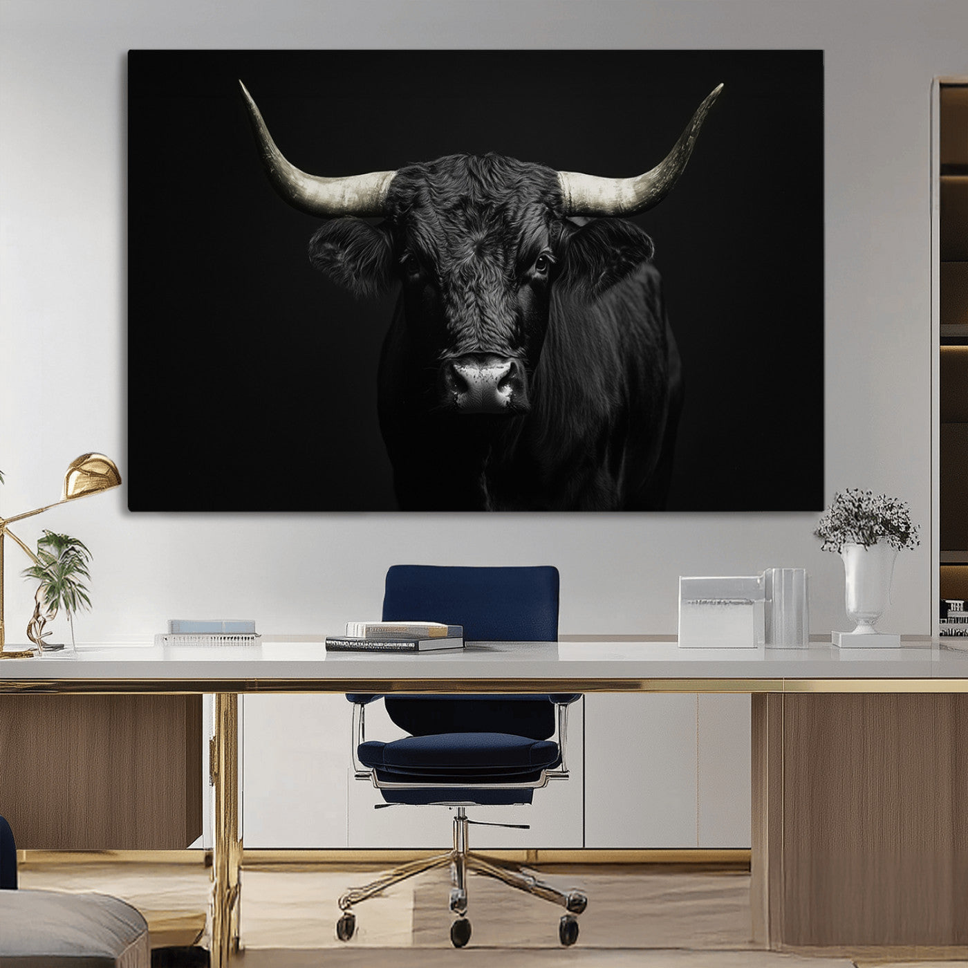 97914921-MGV-CV-36X24-Black Bull Wall Art Canvas Print, Framed Longhorn Bull Art Picture Print, Western Bull Perfect Monochrome Western Decor Artwork