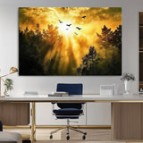 13776802-MGV-CV-36X24-Golden Forest Wall Art Canvas Print, Framed Sunset Pines Art Picture Print, Flying Birds Perfect Nature Glow Decor Artwork