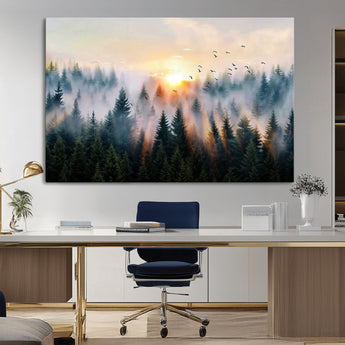 56391411-MGV-CV-36X24-Misty Forest Wall Art Canvas Print, Framed Sunrise Pines Art Picture Print, Moody Pines Perfect Serene Woodland Decor Artwork