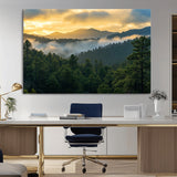68082278-MGV-CV-36X24-Mountain Sunrise Wall Art Canvas Print, Framed Pine Forest Art Picture Print, Misty Mountains Perfect Earthy Woodland Decor