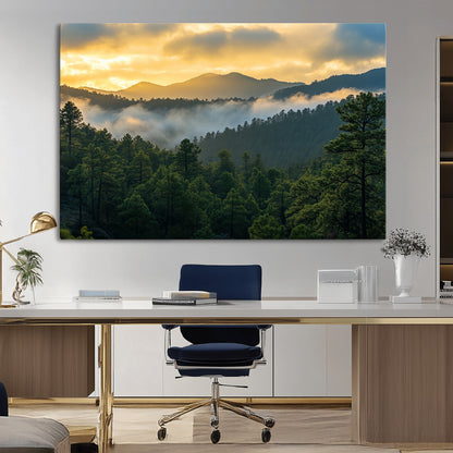 68082278-MGV-CV-36X24-Mountain Sunrise Wall Art Canvas Print, Framed Pine Forest Art Picture Print, Misty Mountains Perfect Earthy Woodland Decor