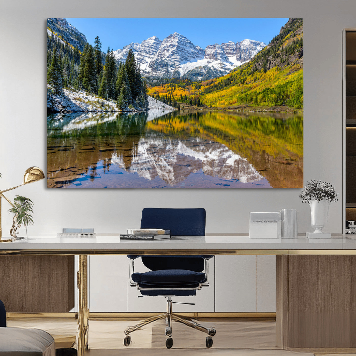 87724099-MGV-CV-36X24-Maroon Bells Wall Art Canvas Print, Framed Snowy Mountains Art Picture Print, Pine Forest Perfect Vibrant Alpine Decor Artwork