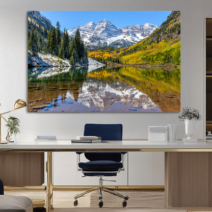 87724099-MGV-CV-36X24-Maroon Bells Wall Art Canvas Print, Framed Snowy Mountains Art Picture Print, Pine Forest Perfect Vibrant Alpine Decor Artwork