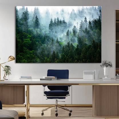 17393683-MGV-CV-36X24-Misty Forest Art Wall Art Canvas Print, Framed Foggy Mountain Art Art Picture Print, Scenic Wall Print Perfect Decor Artwork