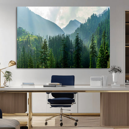 83417191-MGV-CV-36X24-Misty Mountain Forest Wall Art – Pine Tree Landscape Canvas Print, Nature Photography Panorama, Tranquil Green Forest Décor for
