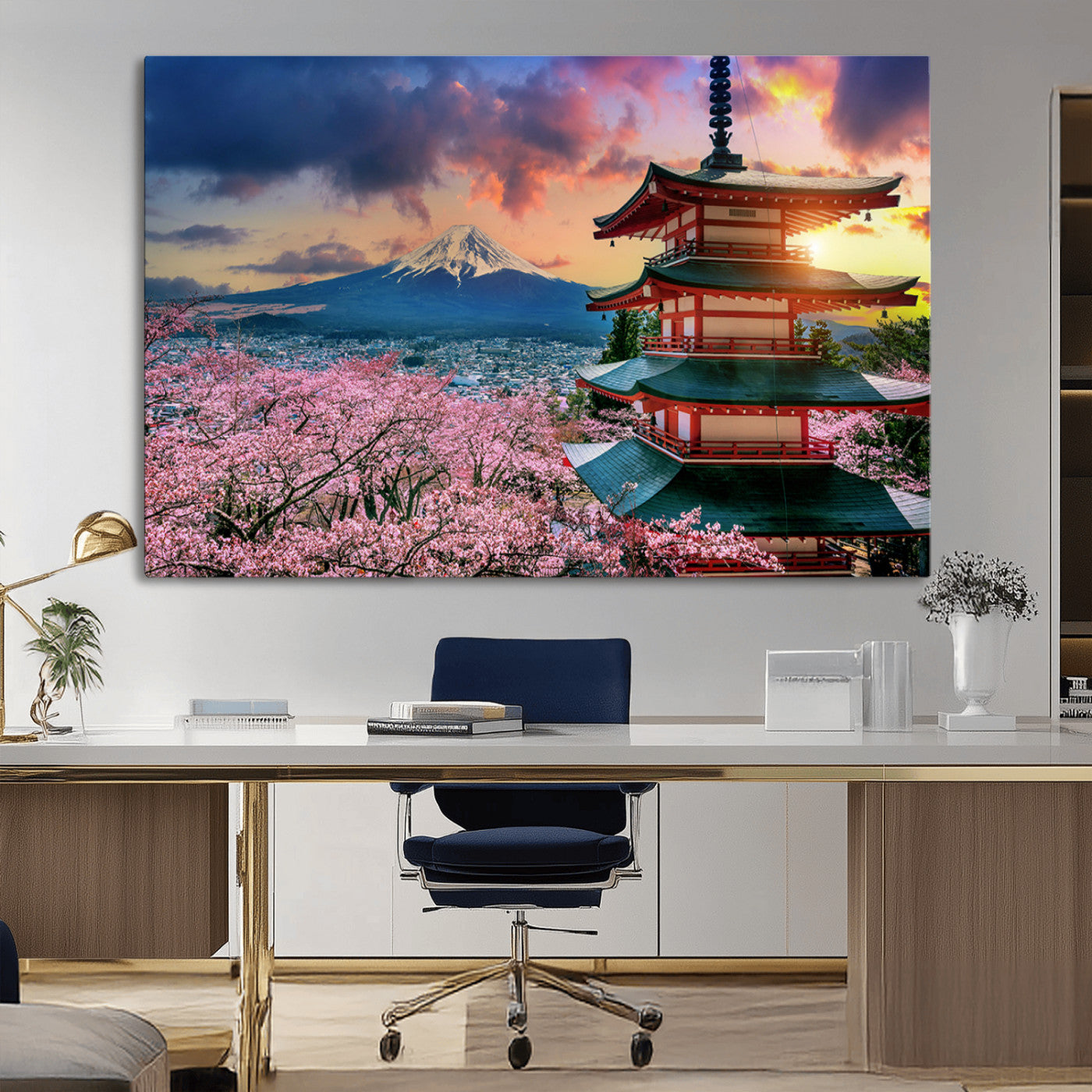 32331262-MGV-CV-36X24-Mount Fuji Japan Wall Art – Cherry Blossom Landscape Canvas Print, Chureito Pagoda Sunset Photography, Japanese Nature Travel