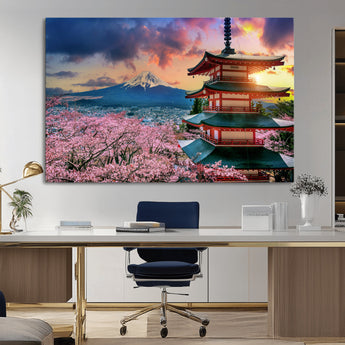 32331262-MGV-CV-36X24-Mount Fuji Japan Wall Art – Cherry Blossom Landscape Canvas Print, Chureito Pagoda Sunset Photography, Japanese Nature Travel