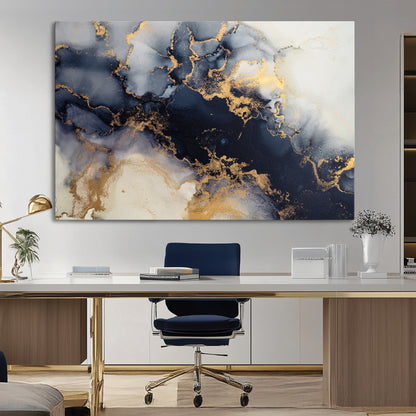 41136487-MGV-CV-36X24-Black Marble Wall Art Canvas Print, Framed Gold Veins Art Picture Print, Abstract Texture Perfect Moody Luxe Decor Artwork