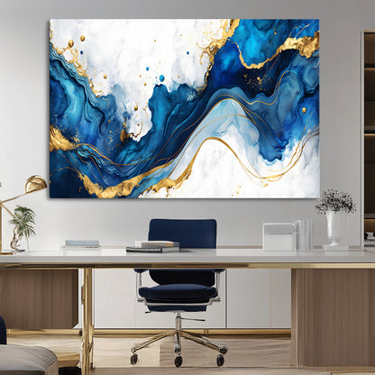 33506371-MGV-CV-36X24-Blue Marble Wall Art Canvas Print, Framed Gold Splash Art Picture Print, Abstract Wave Perfect Modern Luxe Decor Artwork