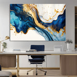 60283636-MGV-CV-36X24-Blue Gold Flow Wall Art Canvas Print, Framed Marble Texture Art Picture Print, Elegant Splash Perfect Elegant Abstract Decor