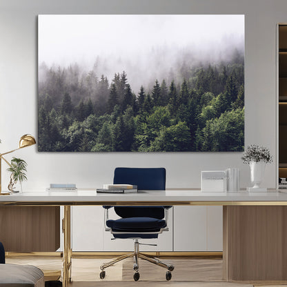 62890402-MGV-CV-36X24-Misty Forest Wall Art Canvas Print, Framed Foggy Pines Art Picture Print, Pine Valley Perfect Moody Woodland Decor Artwork