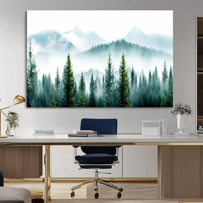 16716676-MGV-CV-36X24-Pine Forest Wall Art Canvas Print, Framed Misty Mountains Art Picture Print, Foggy Trees Perfect Moody Forest Decor Artwork