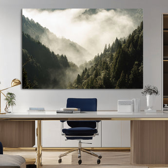 57570237-MGV-CV-36X24-Misty Valley Wall Art Canvas Print, Framed Foggy Forest Art Picture Print, Pine Trees Perfect Moody Woodland Decor Artwork