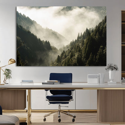 57570237-MGV-CV-36X24-Misty Valley Wall Art Canvas Print, Framed Foggy Forest Art Picture Print, Pine Trees Perfect Moody Woodland Decor Artwork