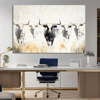 40397799-MGV-CV-36X24-Texas Longhorn Wall Art Canvas Print, Framed Rustic Herd Art Picture Print, Western Bull Perfect Neutral Western Decor Artwork