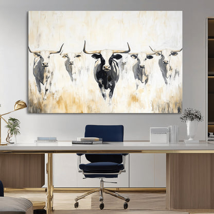 40397799-MGV-CV-36X24-Texas Longhorn Wall Art Canvas Print, Framed Rustic Herd Art Picture Print, Western Bull Perfect Neutral Western Decor Artwork
