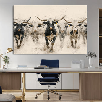 61538944-MGV-CV-36X24-Texas Longhorn Wall Art Canvas Print, Framed Cattles Walking Art Picture Print, Black White Bulls Perfect Rustic Western Decor