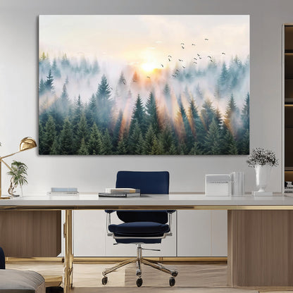 92718976-MGV-CV-36X24-Misty Forest Wall Art Canvas Print, Framed Sunrise Pines Art Picture Print, Foggy Woodland Perfect Moody Woodland Decor Artwork