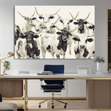 52947970-MGV-CV-36X24-Texas Longhorn Wall Art Canvas Print, Framed Cattle Herd Art Picture Print, Herd Portrait Perfect Modern Farmhouse Decor Artwork