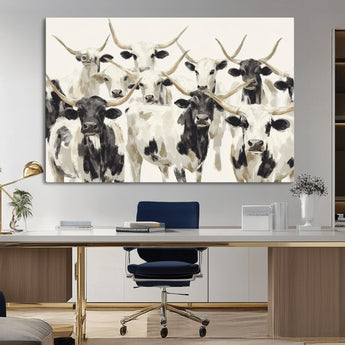 52947970-MGV-CV-36X24-Texas Longhorn Wall Art Canvas Print, Framed Cattle Herd Art Picture Print, Herd Portrait Perfect Modern Farmhouse Decor Artwork