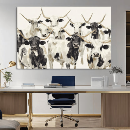 52947970-MGV-CV-36X24-Texas Longhorn Wall Art Canvas Print, Framed Cattle Herd Art Picture Print, Herd Portrait Perfect Modern Farmhouse Decor Artwork