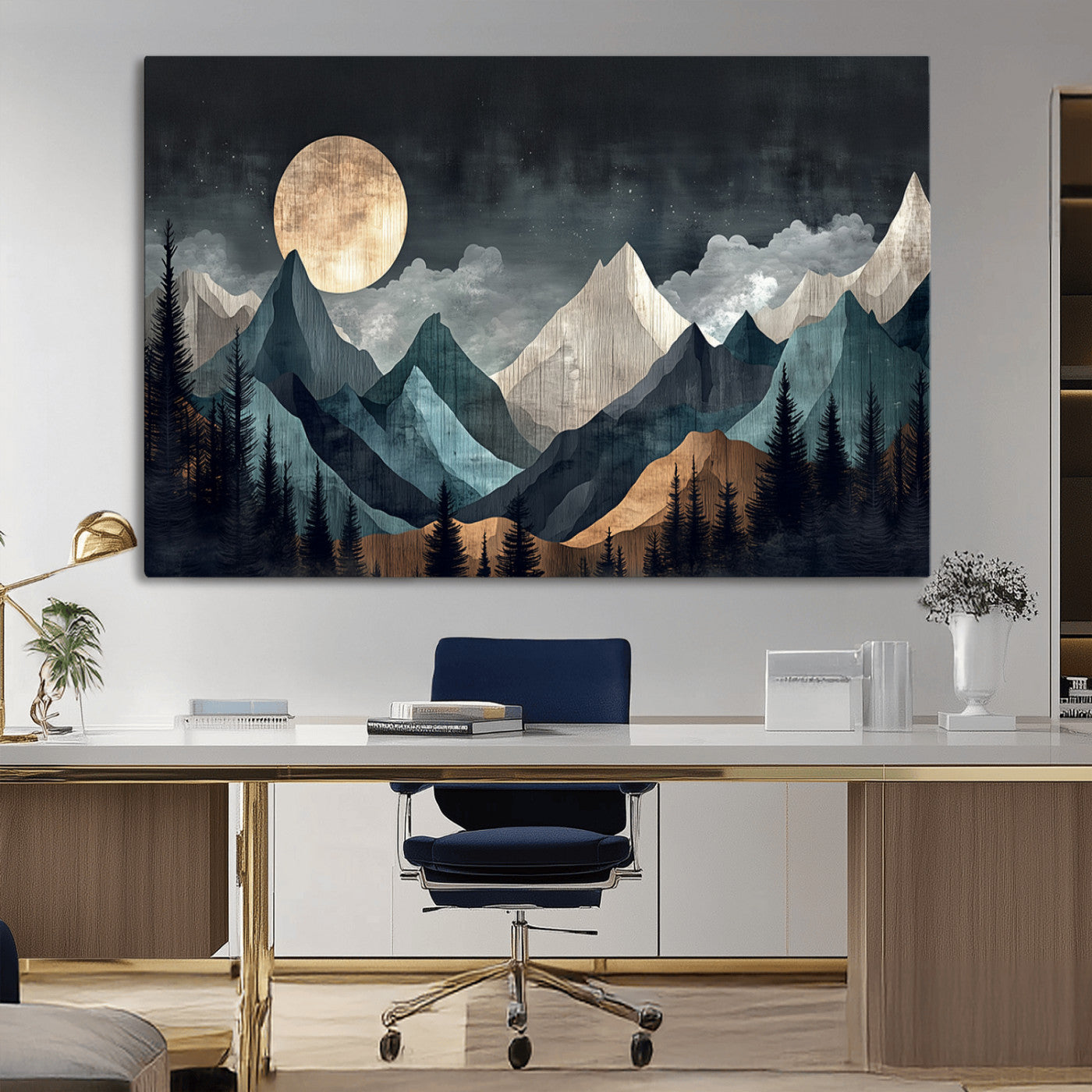 11060882-MGV-CV-36X24-Moonlit Mountains Wall Art Canvas Print, Framed Forest Silhouette Art Picture Print, Night Landscape Perfect Modern Forest Decor