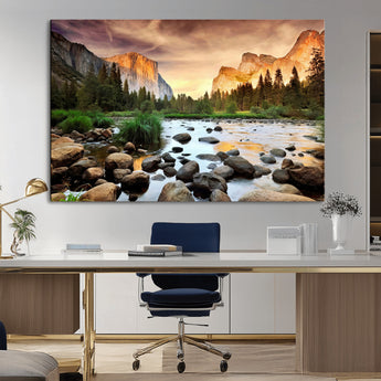 90956031-MGV-CV-36X24-Yosemite Valley Wall Art – Scenic Mountain River Landscape Canvas Print, Nature Photography for Living Room, Bedroom, Cabin,