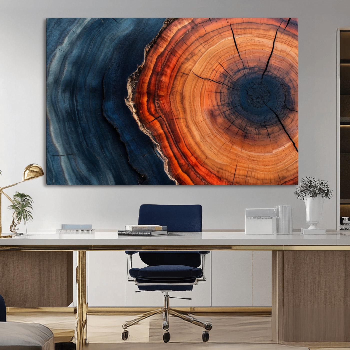 57732250-MGV-CV-36X24-Tree Ring Abstract Wall Art – Blue Orange Wood Grain Canvas Print, Modern Rustic Nature Artwork for Living Room, Office,