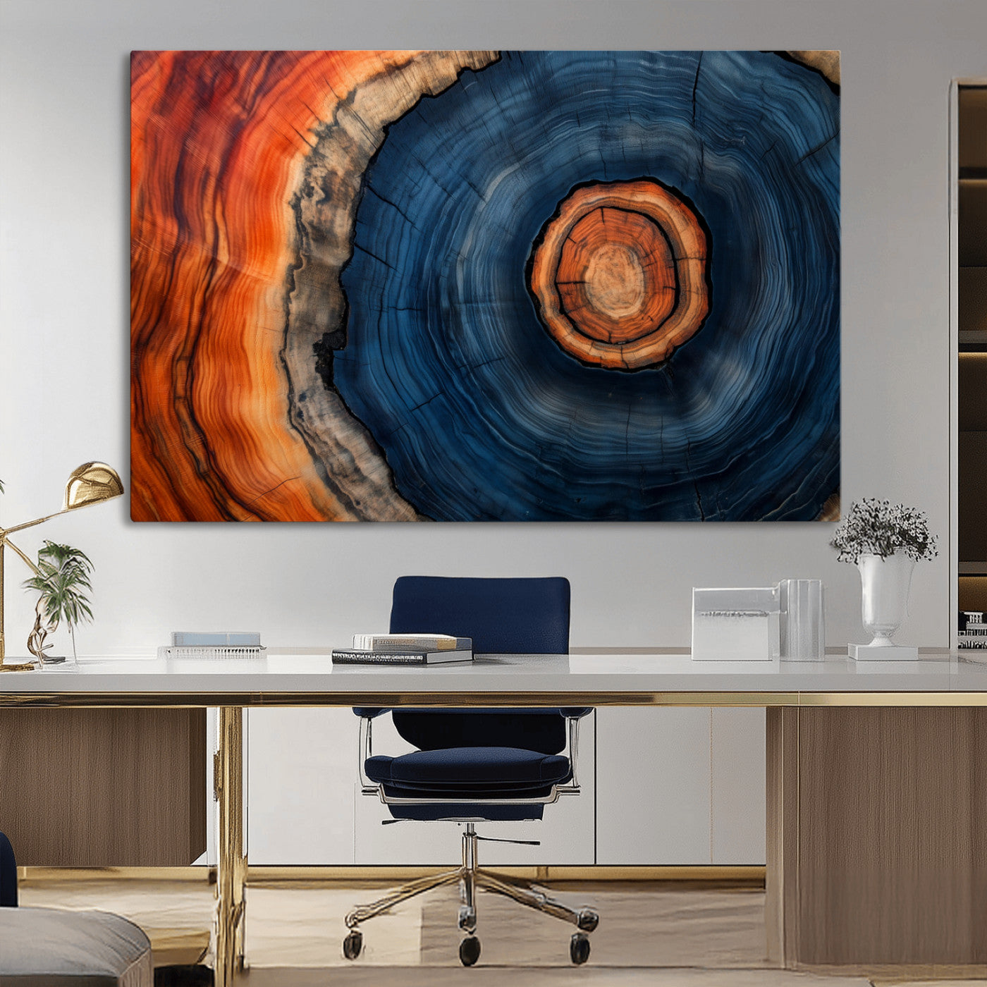 72209152-MGV-CV-36X24-Abstract Tree Ring Wall Art – Vibrant Blue Orange Wood Grain Canvas Print, Rustic Modern Nature Artwork for Living Room, Office,