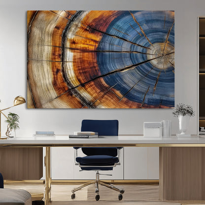18032999-MGV-CV-36X24-Tree Ring Wall Art – Blue Brown Abstract Wood Slice Canvas Print, Rustic Modern Nature Decor for Living Room, Office, Bedroom or
