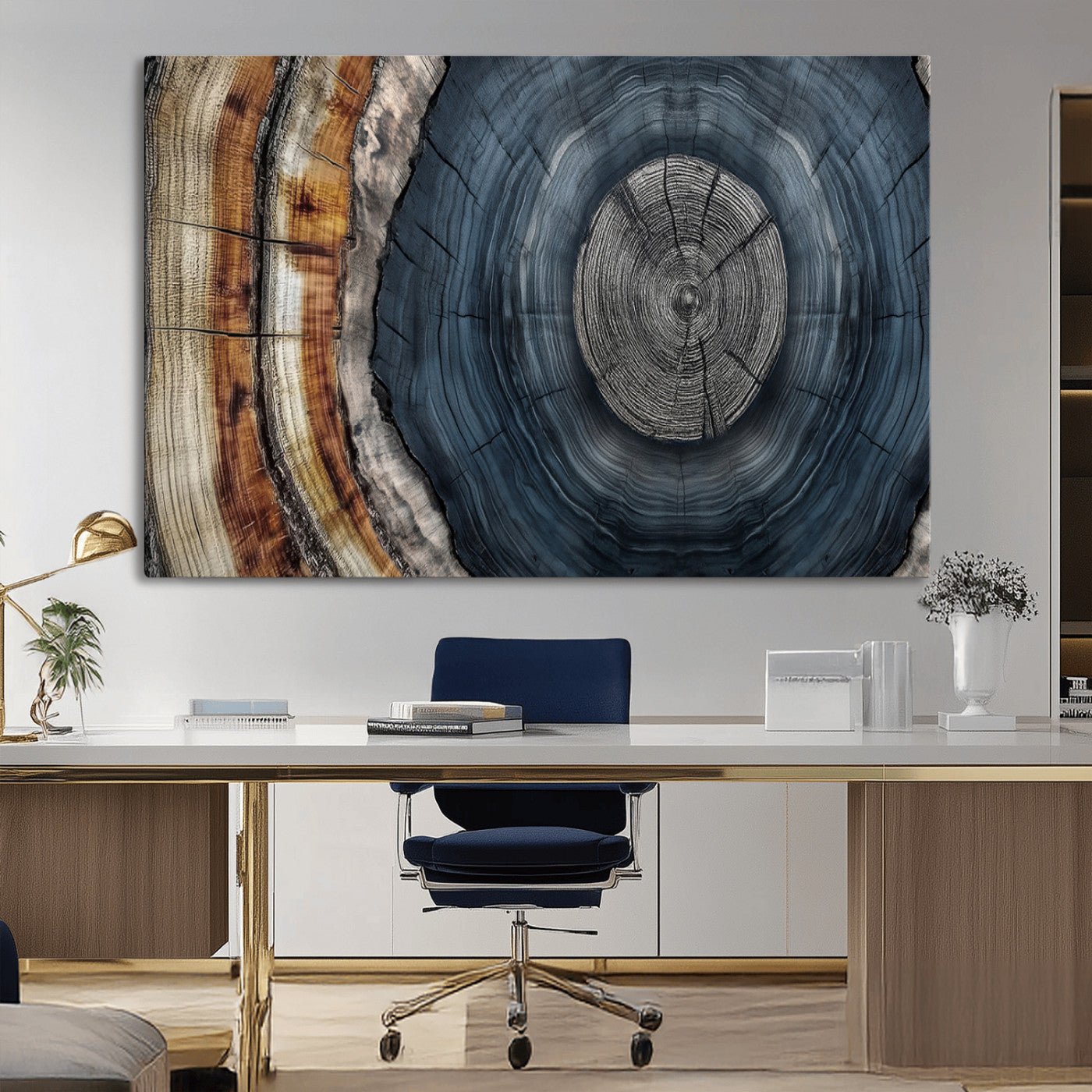 91368647-MGV-CV-36X24-Smoky Blue Tree Ring Wall Art – Rustic Wood Cross Section Canvas Print, Modern Nature Inspired Decor for Living Room, Office, or
