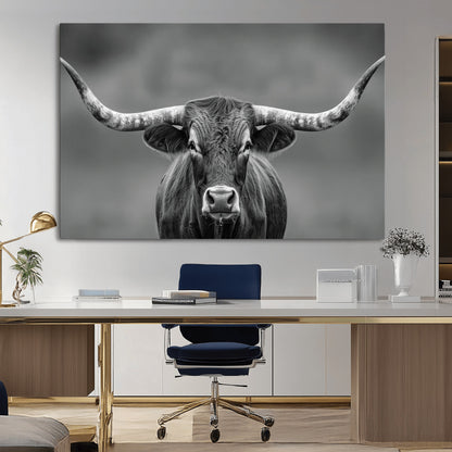 81228550-MGV-CV-36X24-Framed Texas Longhorn Bull Art Canvas Print, Western Bull Wall Art Print, Long Horn Bull Photo Print for Log Cabin, Large Bull