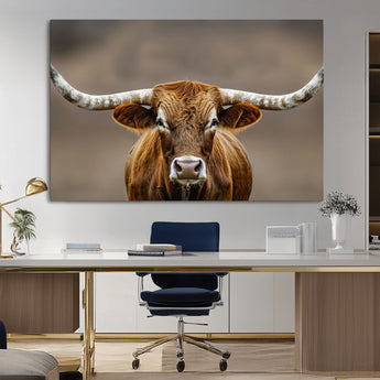 12179171-MGV-CV-36X24-Texas Longhorn Wall Art Canvas Print, Framed Brown Bull Art Picture Print, Lone Cattle Perfect Rustic Western Decor Artwork