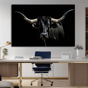 37531960-MGV-CV-36X24-Black Longhorn Bull Wall Art – Dramatic Western Cattle Canvas Print, Rustic Farmhouse Animal Artwork for Living Room, Bedroom,