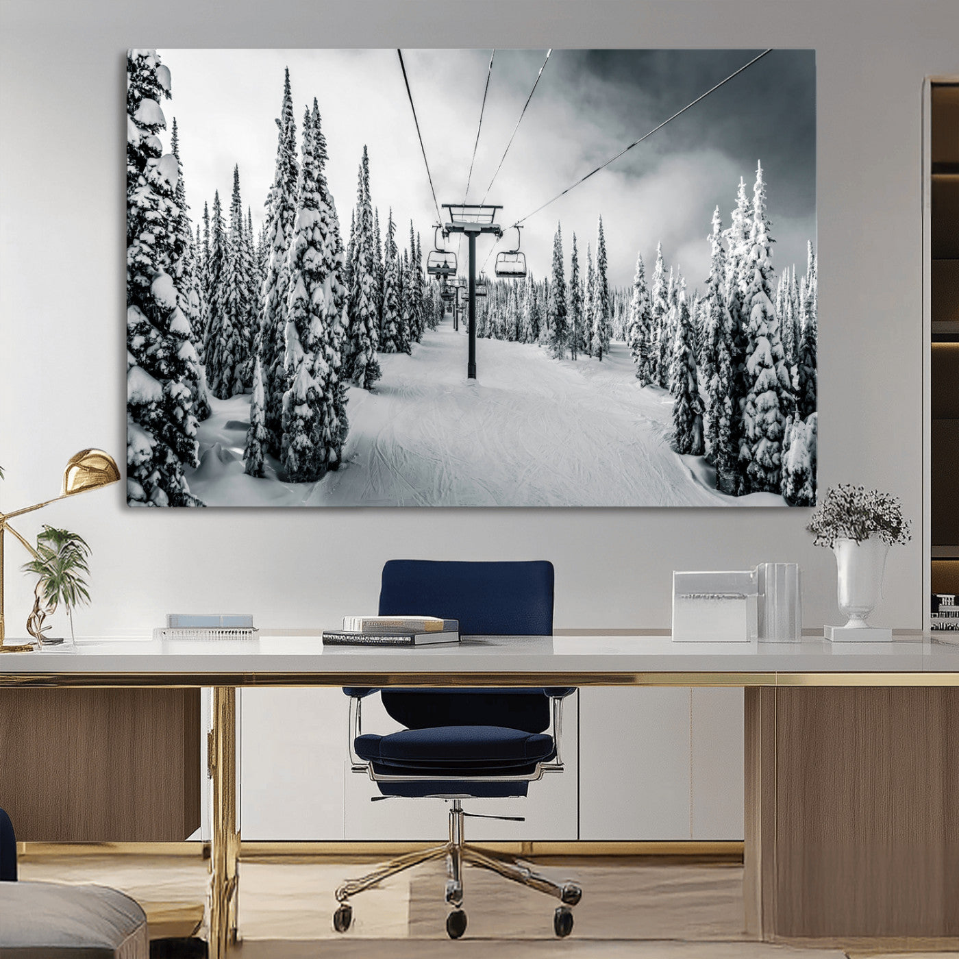 31156828-MGV-CV-36X24-Snowy Pines Wall Art Canvas Print, Framed Ski Lift Art Picture Print, Winter Forest Perfect Moody Lodge Decor Artwork