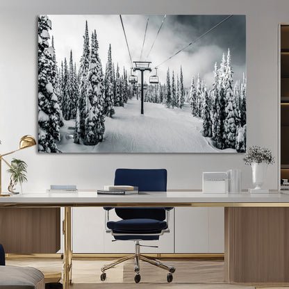 31156828-MGV-CV-36X24-Snowy Pines Wall Art Canvas Print, Framed Ski Lift Art Picture Print, Winter Forest Perfect Moody Lodge Decor Artwork