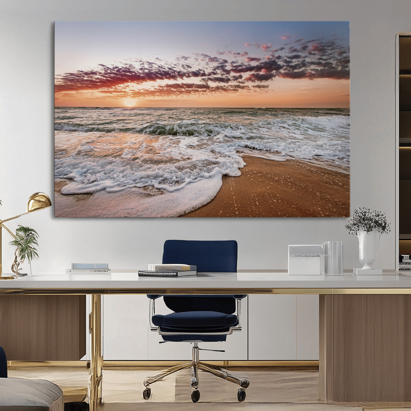 39846389-MGV-CV-36X24-Ocean Sunset Wall Art Canvas Print, Framed Sandy Shore Art Picture Print, Gentle Waves Perfect Minimalist Coastal Decor Artwork