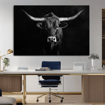 42077175-MGV-CV-36X24-Texas Longhorn Wall Art Canvas Print, Framed Monochrome Bull Art Picture Print, Horned Bull Perfect Rustic Western Decor Artwork