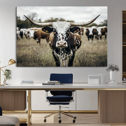 79025945-MGV-CV-36X24-Texas Longhorn Wall Art Canvas Print, Framed Speckled Cow Art Picture Print, Horned Cattle Perfect Rustic Western Decor Artwork