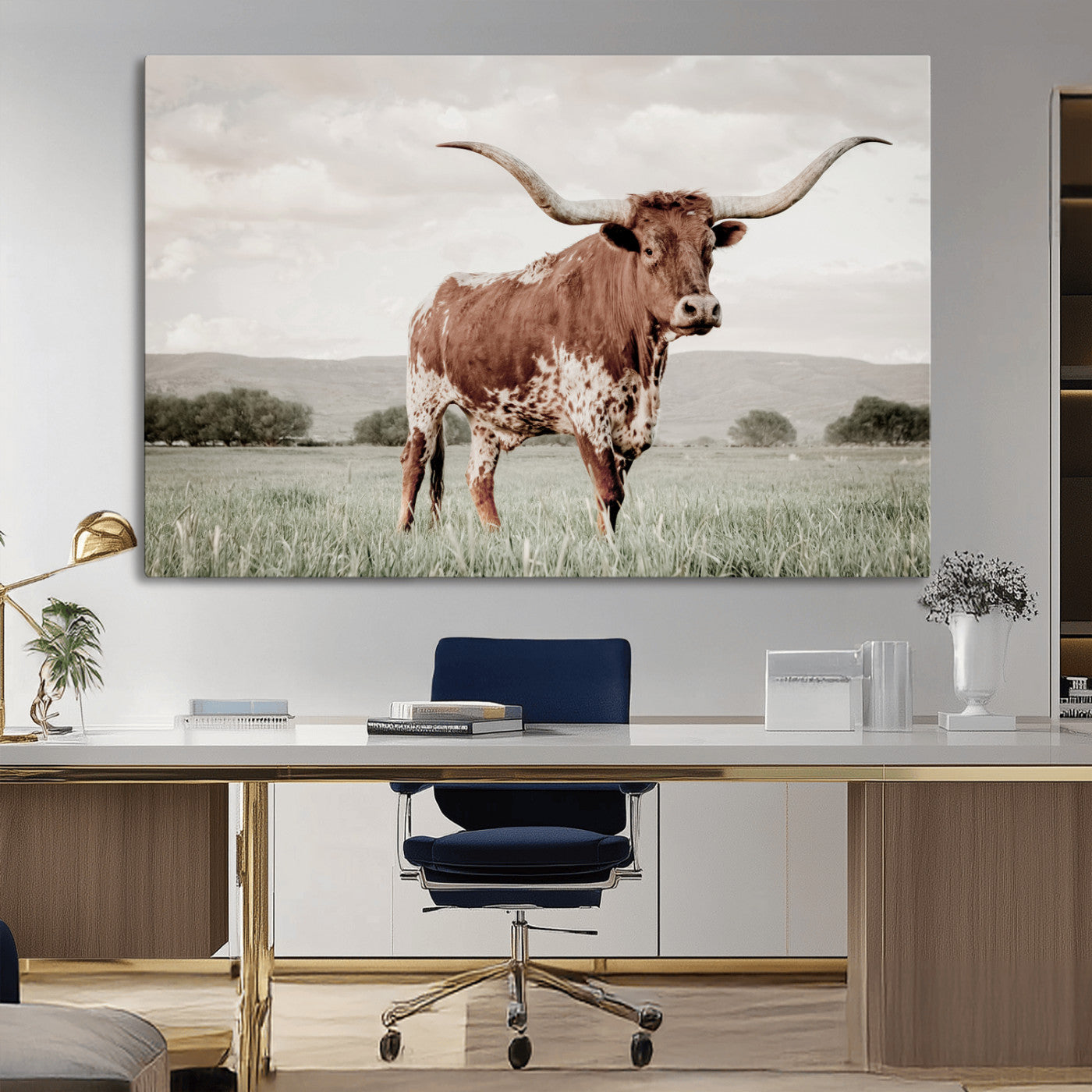 28309012-MGV-CV-36X24-Texas Longhorn Wall Art Canvas Print, Framed Spotted Cattle Art Picture Print, Horned Bull Perfect Rustic Western Decor Artwork