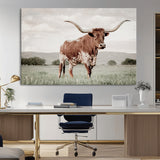 28309012-MGV-CV-36X24-Texas Longhorn Wall Art Canvas Print, Framed Spotted Cattle Art Picture Print, Horned Bull Perfect Rustic Western Decor Artwork