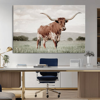 28309012-MGV-CV-36X24-Texas Longhorn Wall Art Canvas Print, Framed Spotted Cattle Art Picture Print, Horned Bull Perfect Rustic Western Decor Artwork