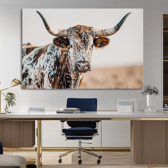70414966-MGV-CV-36X24-Texas Longhorn Wall Art Canvas Print, Framed Speckled Cow Art Picture Print, Horned Bull Perfect Rustic Western Decor Artwork