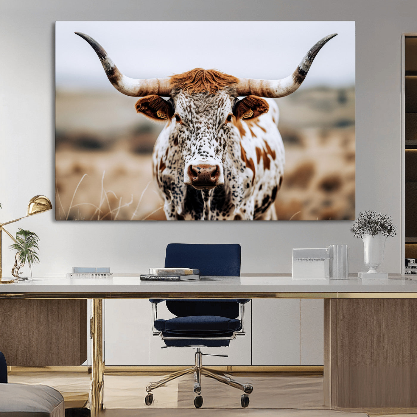 76294381-MGV-CV-36X24-Texas Longhorn Wall Art Canvas Print, Framed Spotted Cow Art Picture Print, Horned Cattle Perfect Rustic Western Decor Artwork