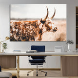 11528295-MGV-CV-36X24-Speckled Longhorn Wall Art Canvas Print, Framed Texas Cattle Art Picture Print, Horned Cow Perfect Rustic Western Decor Artwork